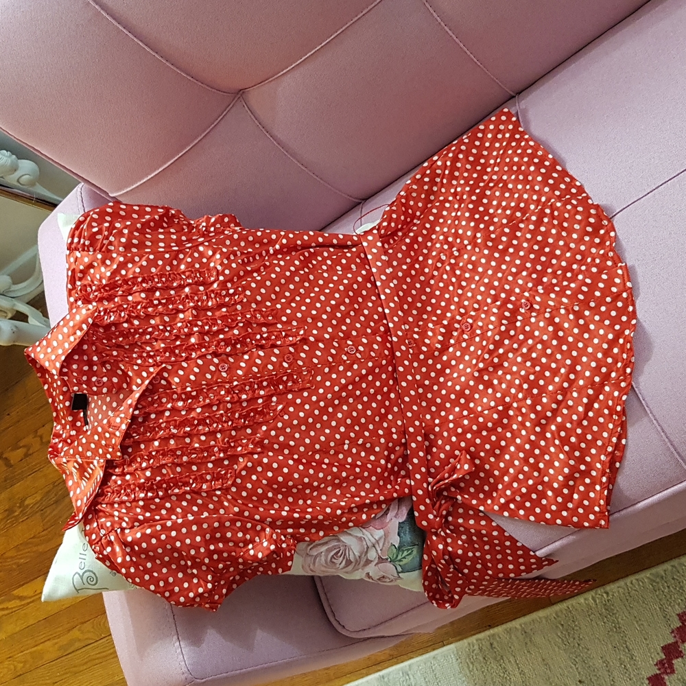Red Polka Dot Retro Style Satin Blouse & Self Tie